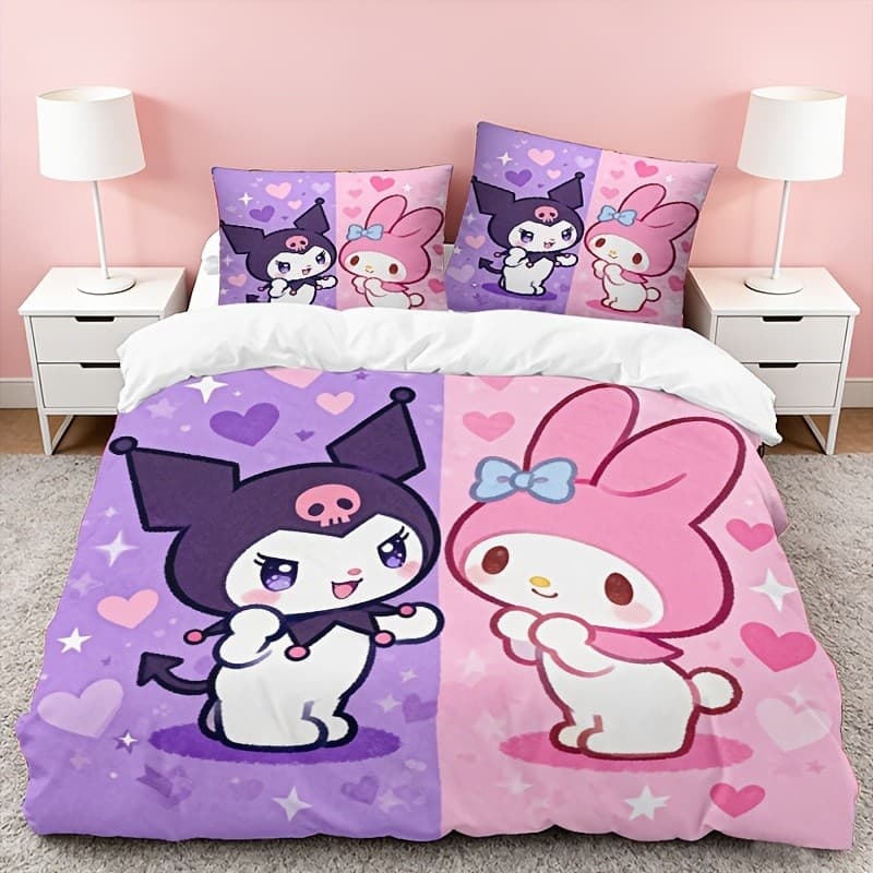 Conjunto de 3 peças SANRIO Black Cat and Melody Couple Bedding, roupa de cama romântica fofa com tema de personagem de d