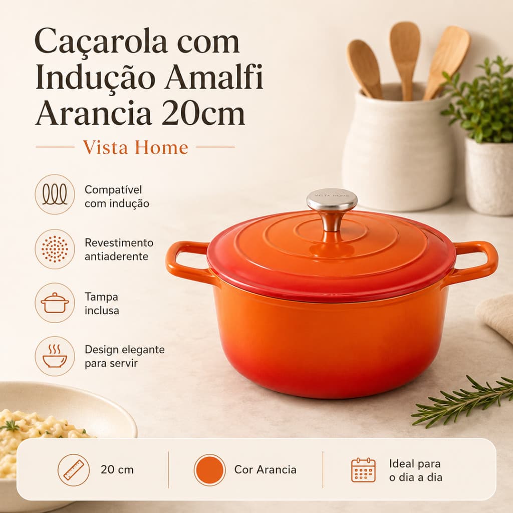 Panela Caçarola 20cm Laranja Antiaderente Premium Tacho Esmaltado Fogão e Forno Mesa Posta Requintada Luxo Almoço Jantar
