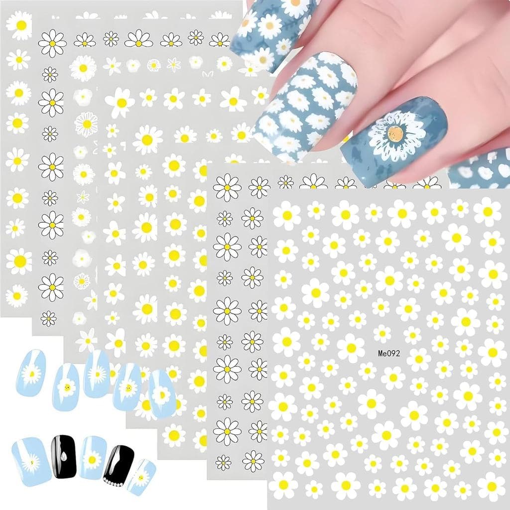 8 Folhas de Adesivos de Unhas com Margaridas - Adesivos de Unhas Florais 3D Autoadesivos - Decalques de Unhas com Margar