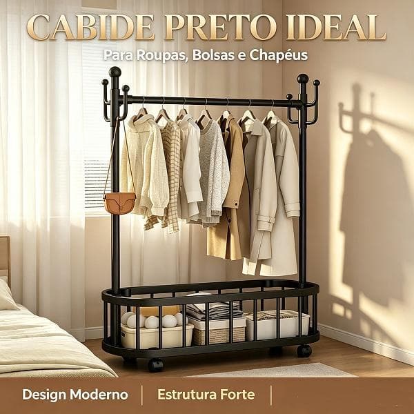 Cabide de Chão Móvel Multifuncional,AraraparaPendurar Roupas,SuporteOrganizadorcomCesta, Ideal para Quarto,Sala eVaranda