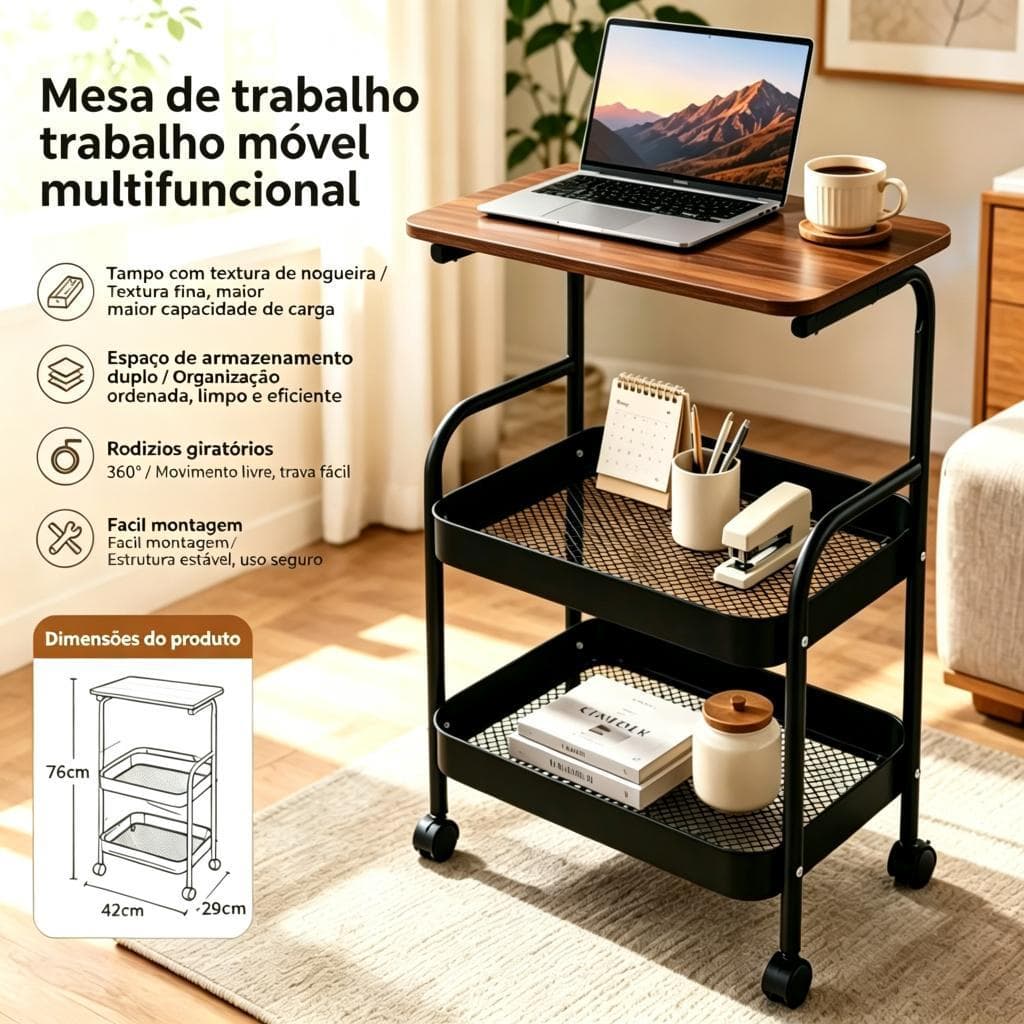 Mesa Lateral Móvel MultifuncionalCarrinhocomPrateleiras DuplasRodízios 360°Traváveis ArmazenamentoCozinha QuartoBanheiro