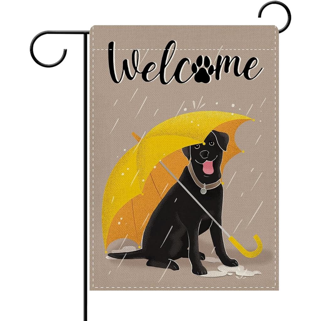 Bandeira Decorativa de Jardim com Cão Labrador Preto Dyrenson Welcome, Guarda-Chuva Amarelo para Decoração de Jardim Ext