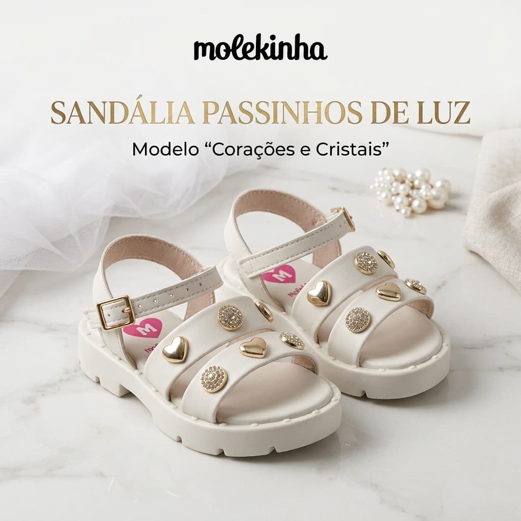 Sandália Molekinha Infantil Feminina Branca com Strass e Corações Confortável Casual Menina 2744103