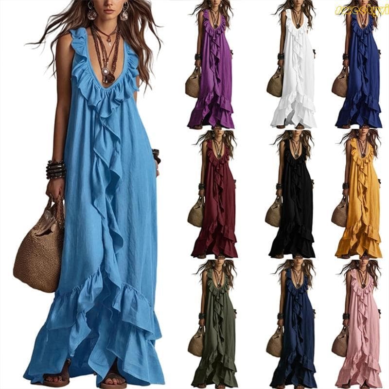 Vestido Maxi Feminino Boêmio Decote V E Babados, Mangas, Casual, Praia, Férias, Ajuste Solto, Li
