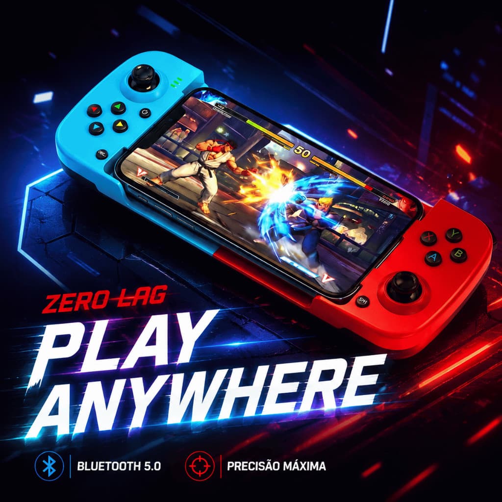 Controle Gamepad Bluetooth 5.0 para Celular Android iOS Extensível com Bateria 350mAh