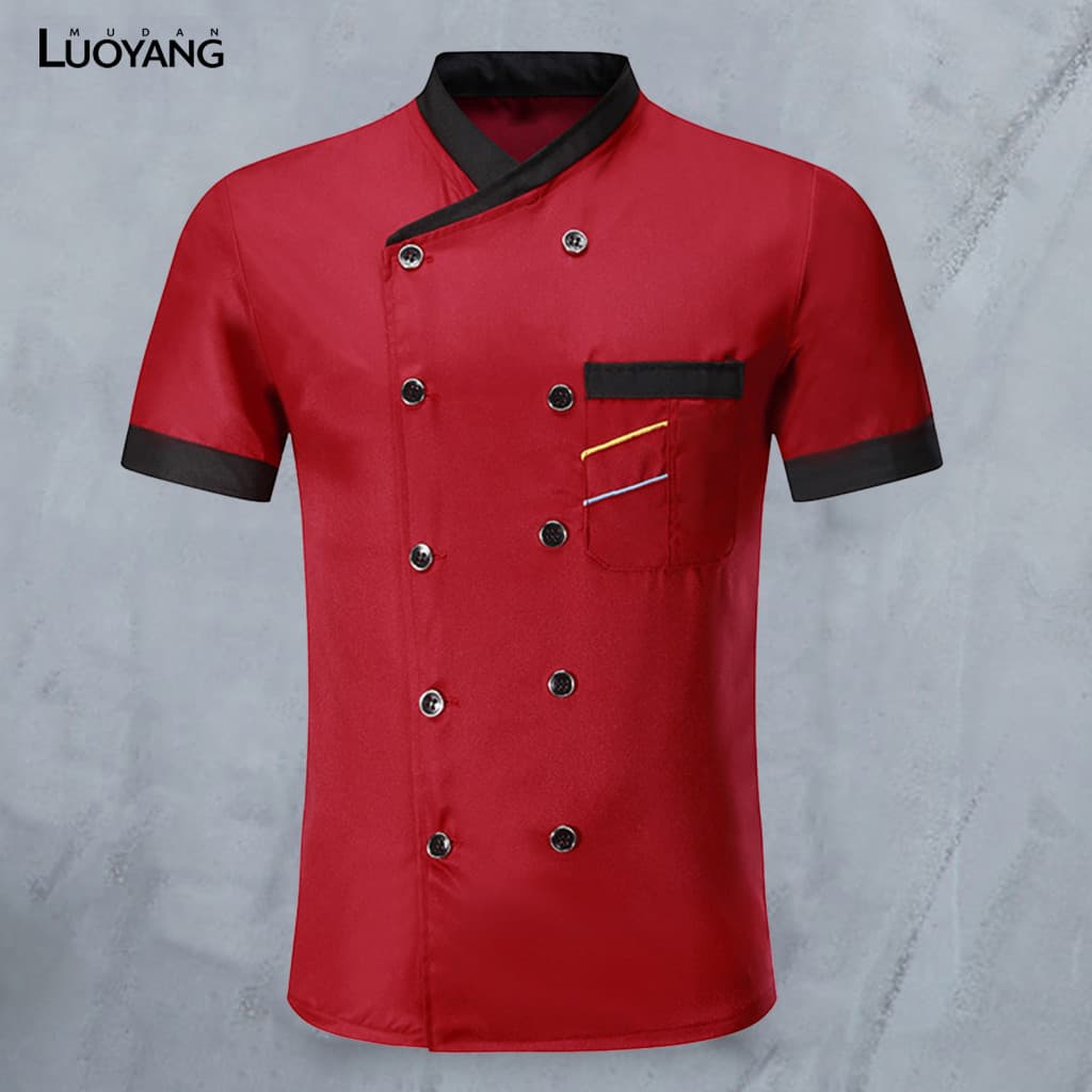 Camisa De Chef Trespassado Remendo Bolso Gola Botões Mangas Curtas Cozinhar Restaurante Unissex Plus Size Unif