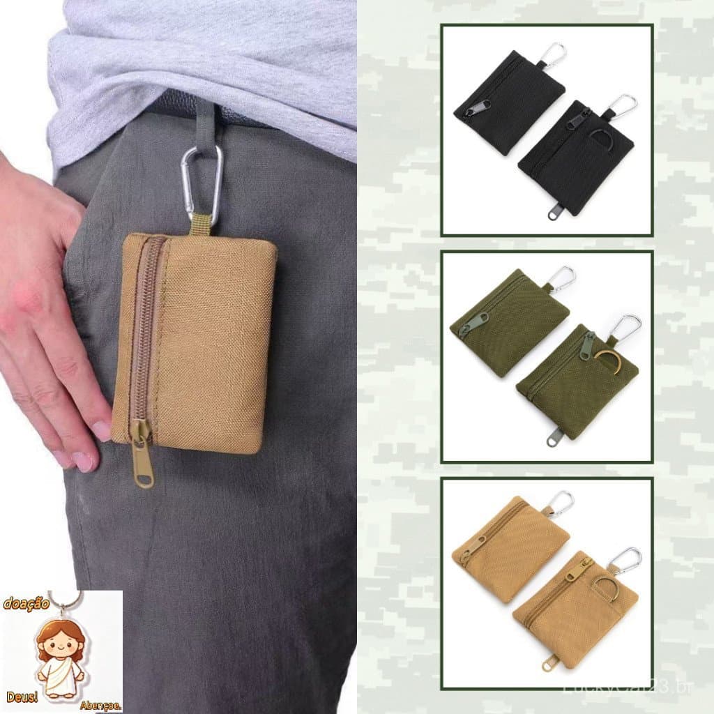 Porta Chaves/ Cartões Tático com Gancho | Compacta Com Zíper Porta Objetos | EDC Nylon