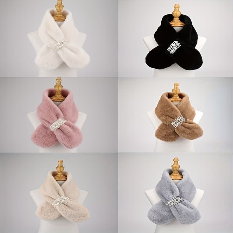 Cachecol Quente de Outono e Inverno com Pérolas e Pelo, Cachecol Elegante de Pelúcia para Mulheres, Cachecol de Pelo ZIX