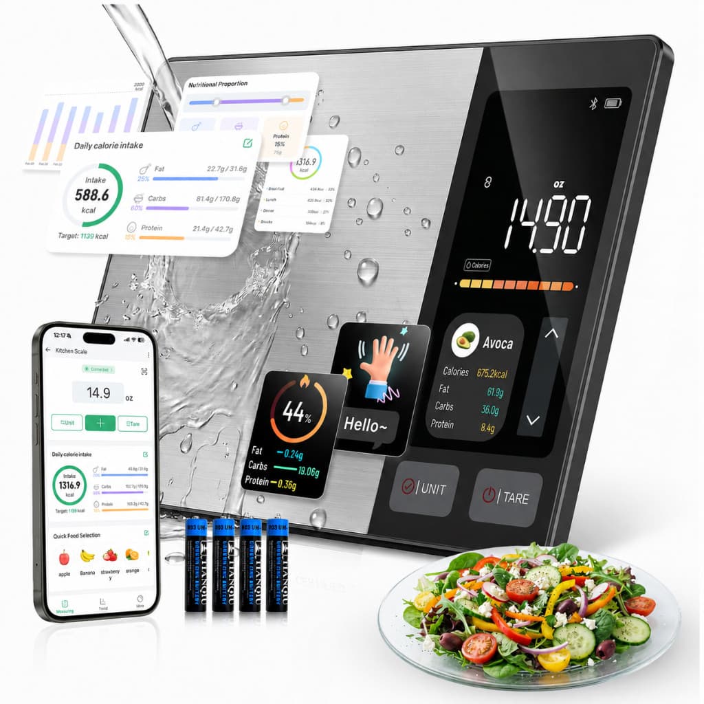 Balança Digital de Cozinha Inteligente com App, Calorias e 24 Nutrientes, Aço Inox, Capacidade 5kg