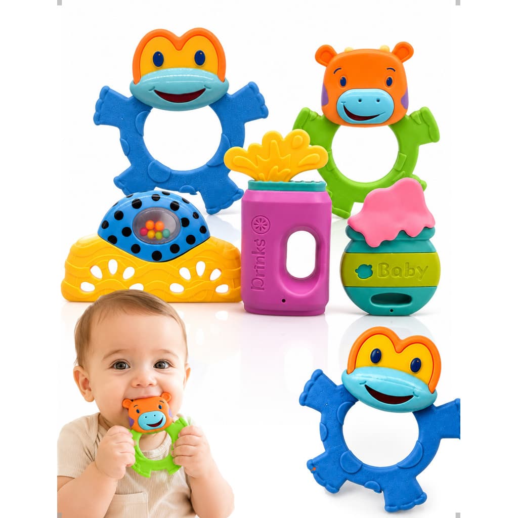 Kit Mordedor e Chocalho para Bebê 5 Peças Brinquedo Sensorial Dentição Educativo Infantil
