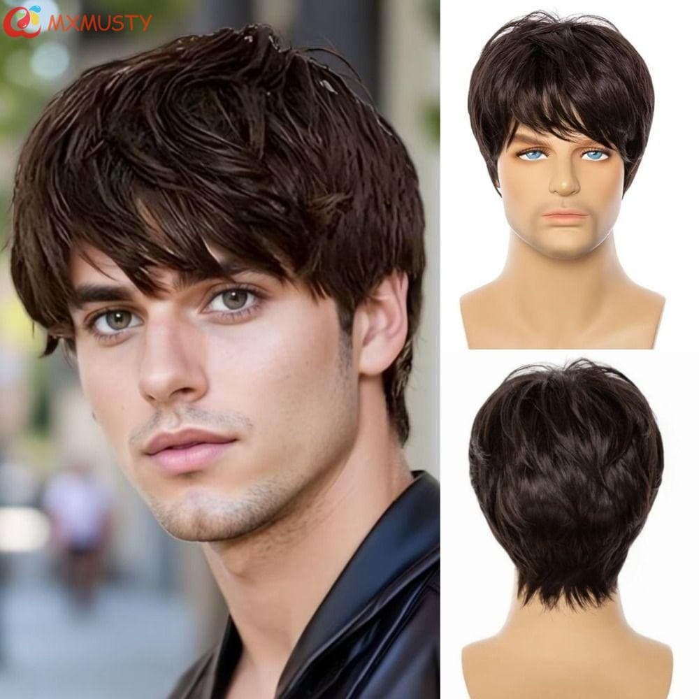 MXMUSTYZA Peruca De Cabelo Curto E Reto , Sintética Preta Marrom Em Camadas Naturais Com Franja