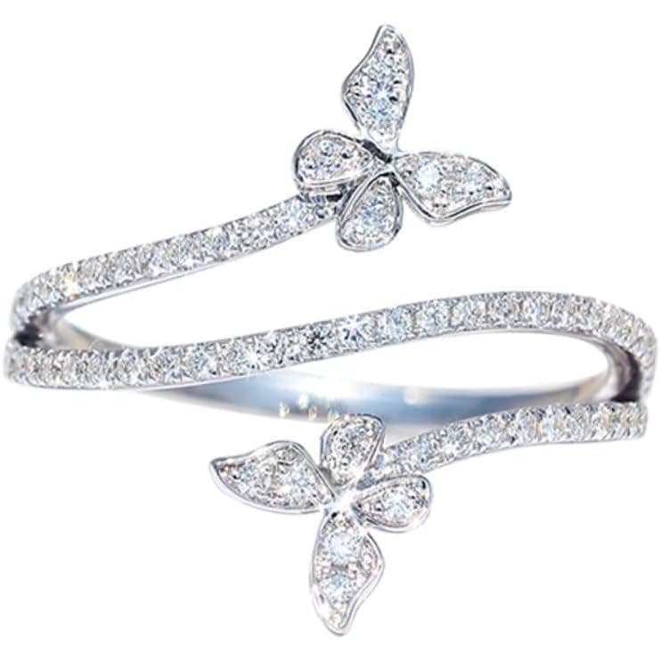 Anel de Borboleta QUSIIOSLK em Prata Esterlina 925 com Diamantes Brilhantes e Três Fileiras de Zircônia Cúbica AAA, Anel
