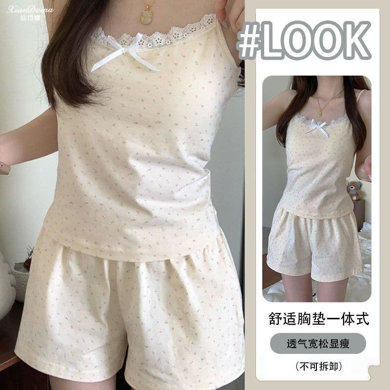 Conjunto De Pijama Feminino Floral Cami Com Laço Acolchoado Embutido Sem Mangas + Shorts Home Loungew