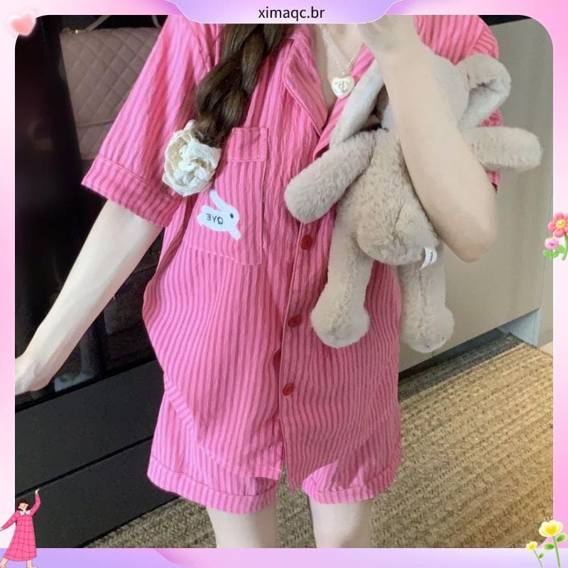 Desenhos animados listrado coelho pijamas meninas de manga curta Shorts de verão bonito doce nuvens estudante feminino H