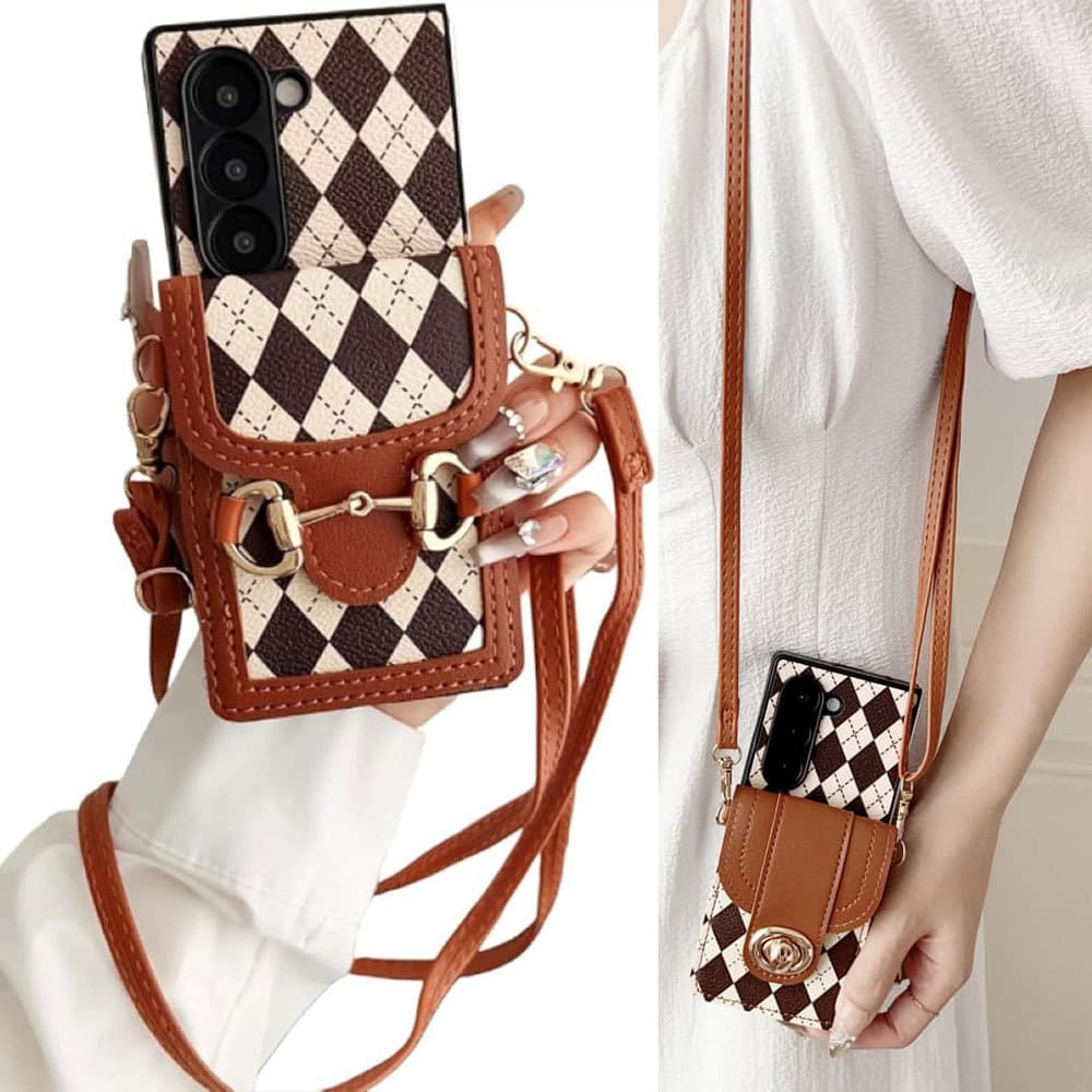 Capa Carteira Feminina De Couro Premium Para Samsung Galaxy Z Fold 8 Ultra | Bolso Porta-Cartões Com Cordão Ajustável Vi