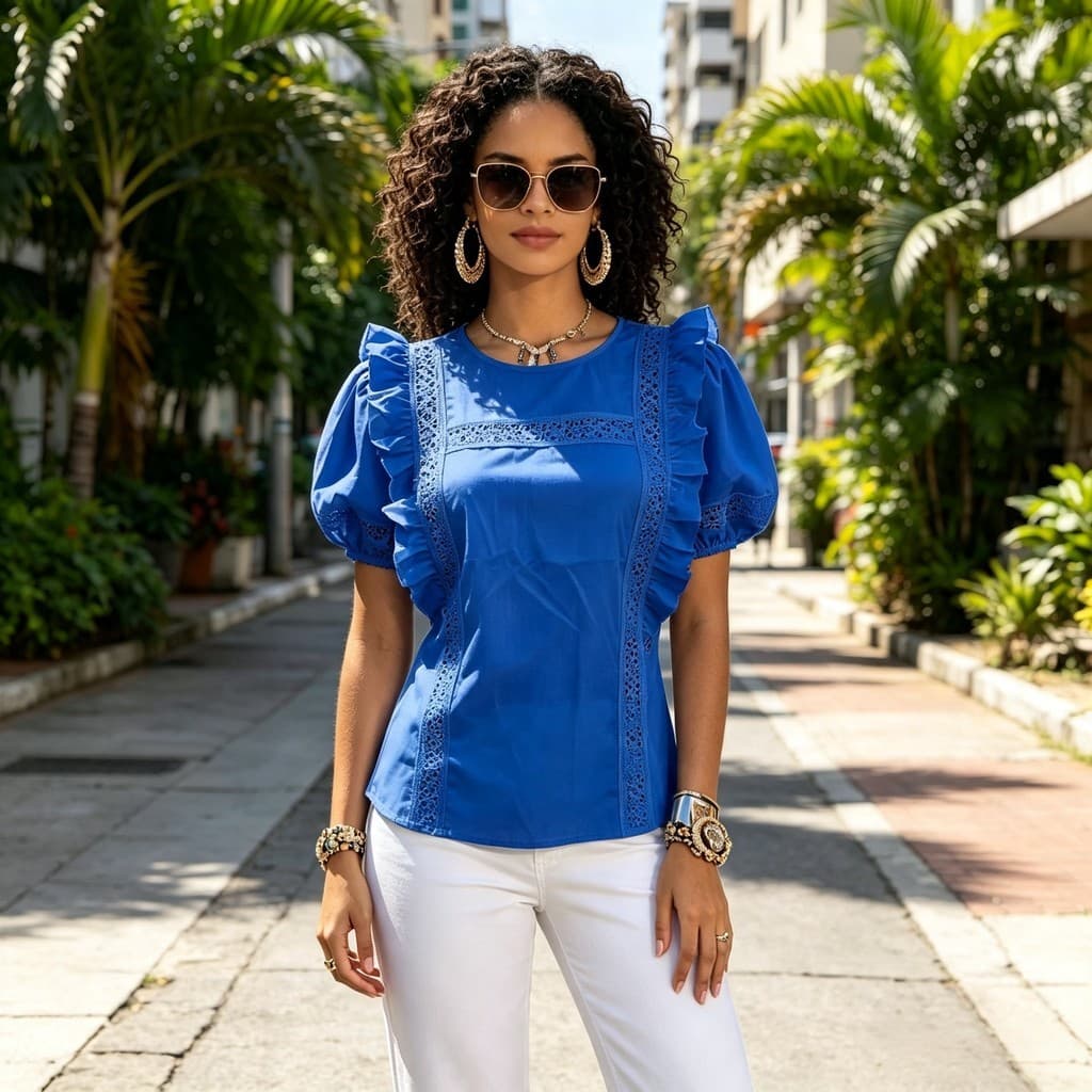 Blusa Elegante Feminina com Folhos Volumosos e Aplicação de Renda Transparente 61237