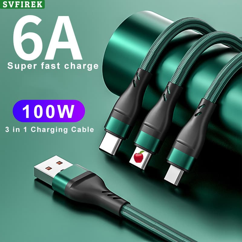 100W 6A Cabo De Carregamento Super Rápido 3 Em 1 USB Fio C Android Carregador MicroUSB Tipo