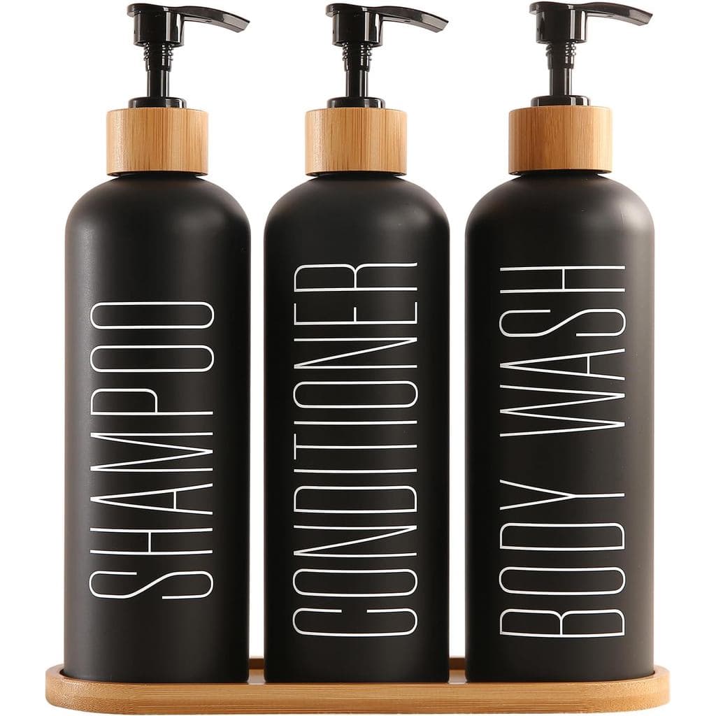 Dispensador de Shampoo e Condicionador Prus Waso com Bombas de Bambu e Bandeja, Perfeito para Itens Essenciais de Banhei