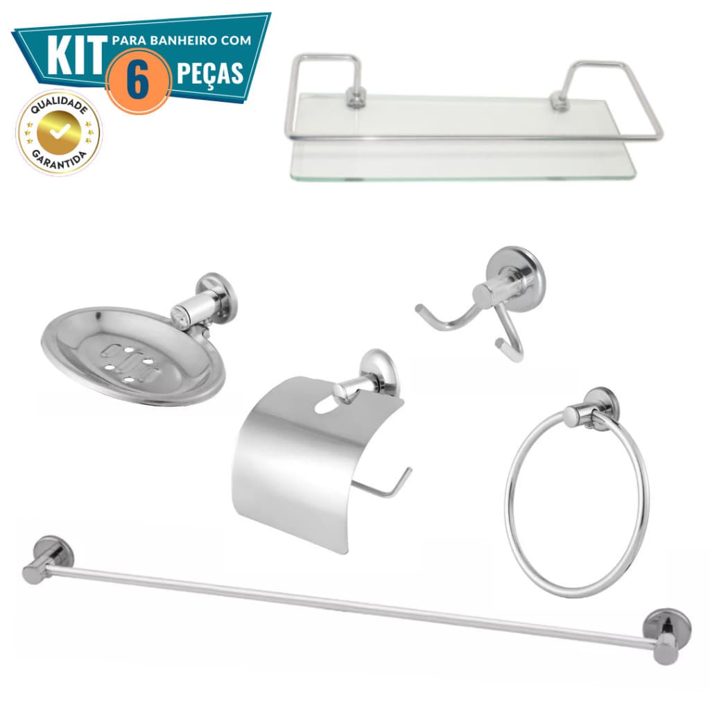 Kit Acessório Para Banheiro Aço Inox 6 Peças Com Porta Shampoo Reto