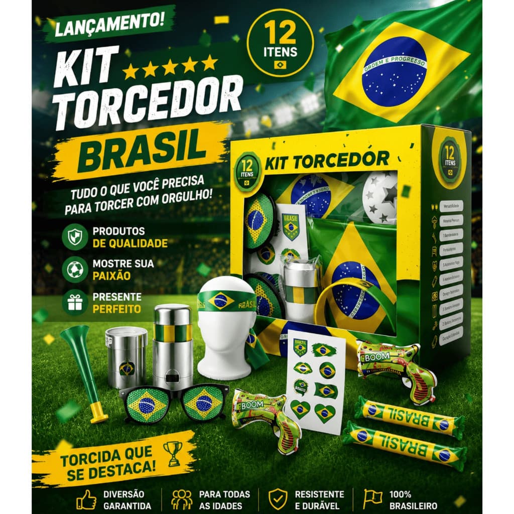 Kit Torcida Brasil Completo 12 Peças Acessórios Copa Futebol Jogos Seleção Brasileira