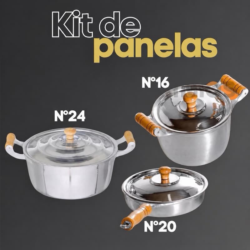 Kit panela nº24 + frigideira nº20 + caldeirão nº16 em alumínio batido grosso