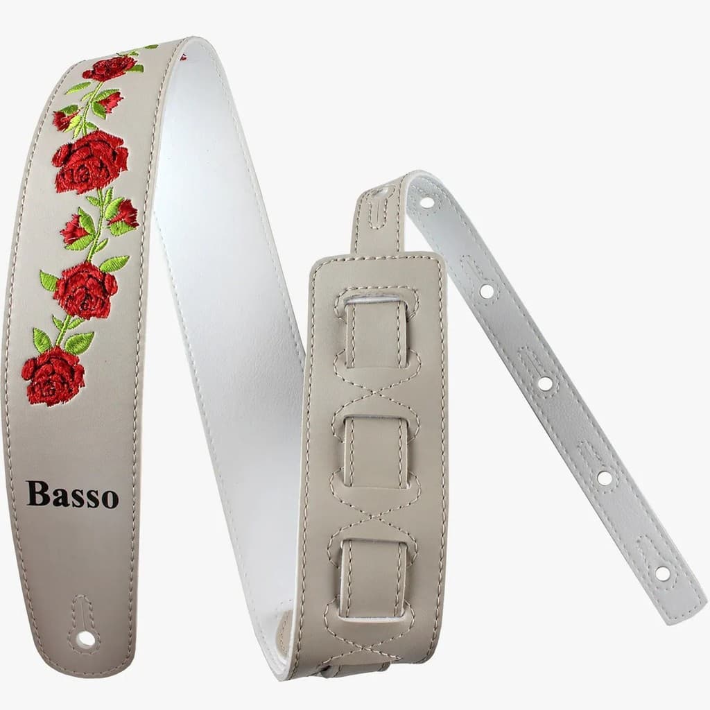 Correia Alça Guitarra Violão Baixo Basso Sintético Bege Bordado Rosas Ajustável 92 à 145cm VT FL 03