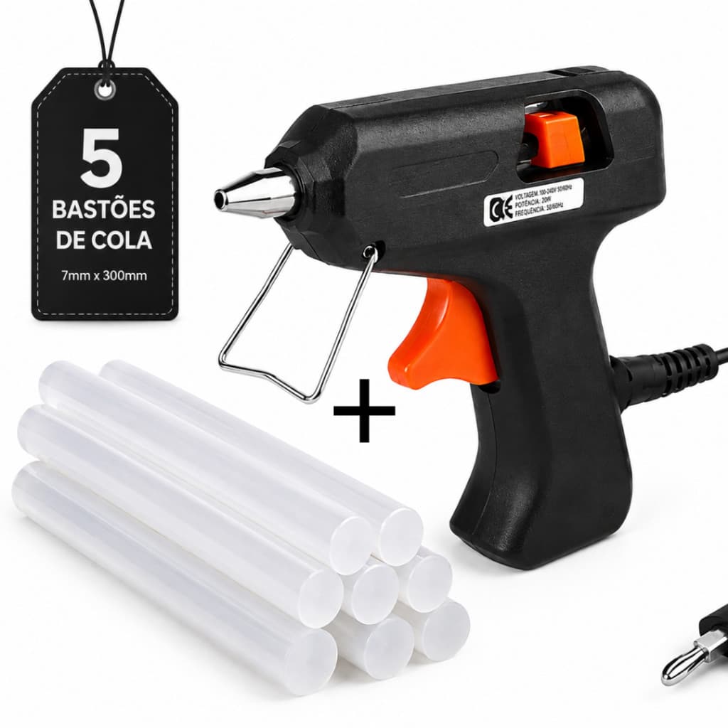 Kit Pistola De Cola Quente Bivolt Pequena + 5 Bastões De Cola Quente Fina Transparente