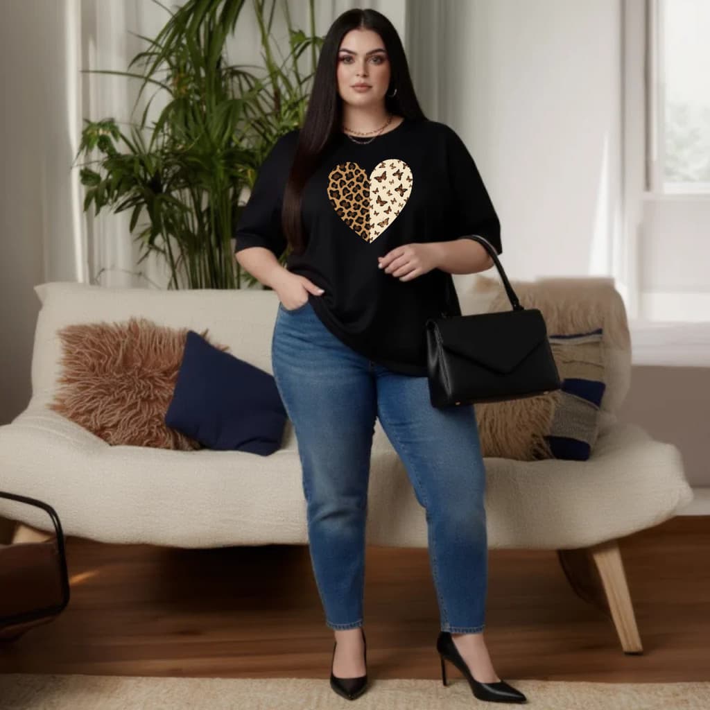 Camiseta Feminina Plus Sise Estampada Coração Onça Borboleta Blusa 100% Algodão