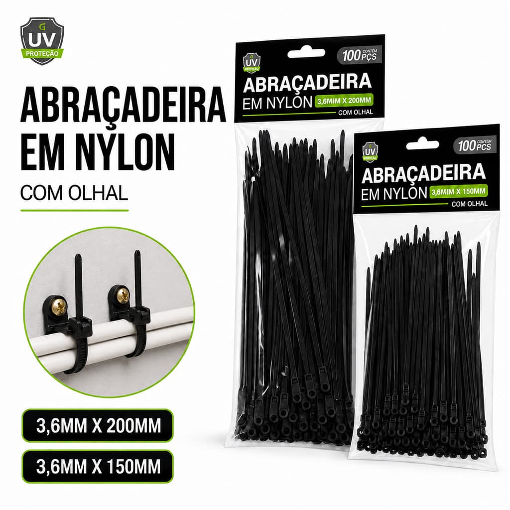 Abraçadeira de Nylon Preta com Olhal para Parafuso 3,6x150mm ou 3,6x200mm Enforca-Gato para Fixação de Cabos