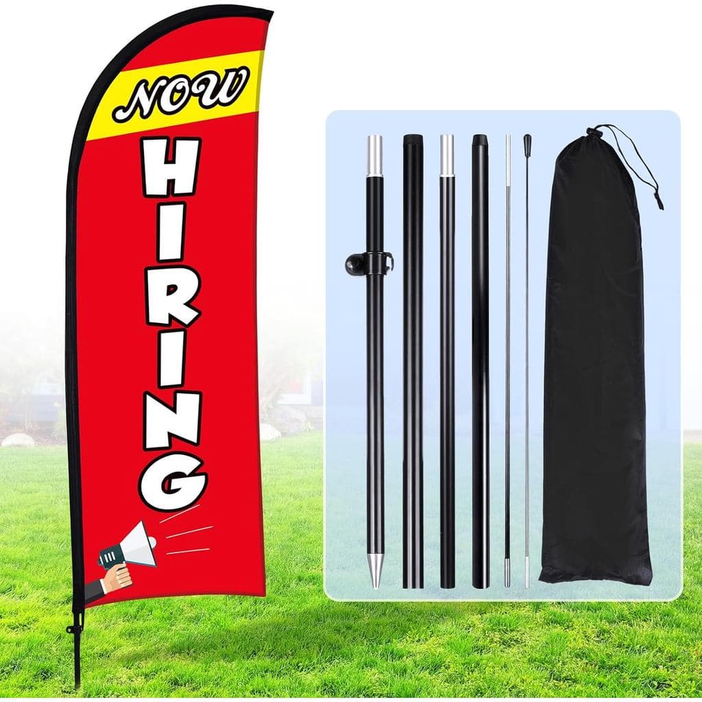 Buryeah Bandeira Publicitária Feather Now Hiring com Haste e Espeto de Solo para Promoção de Negócios, 7 x 5,4 pés (Verm