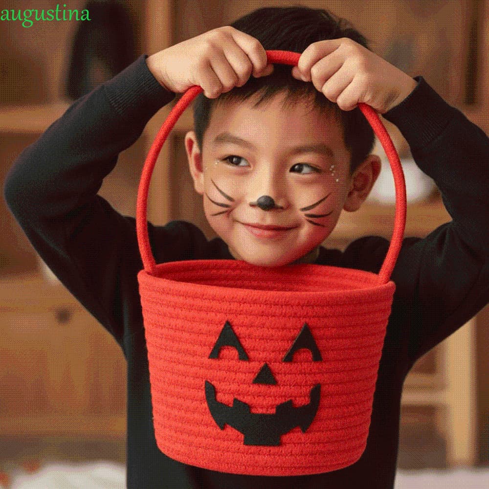 Cesta De Corda De Halloween AUGUSTINA , Balde Portátil De Doces De Abóbora Laranja , Bolsa De Armazenamento Tecida Ecoló
