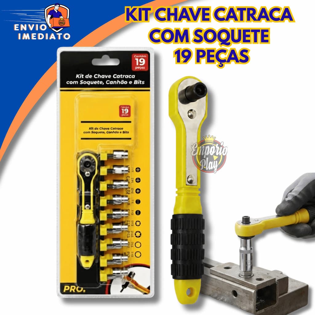 Combo Chave de Catraca Com Soquetes e Bits 19pcs Multiuso Profissional Reparos Robusto Qualidade Garantida