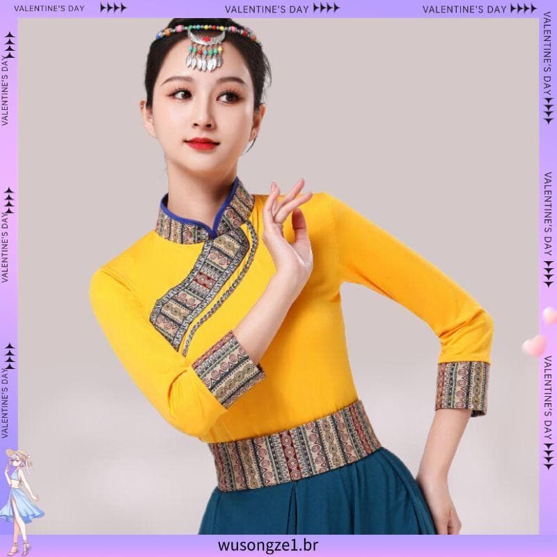 T traje de desempenho de dança tibetana feminino tibetano quadrado dança topo feminino tibetano arte exame prática terno