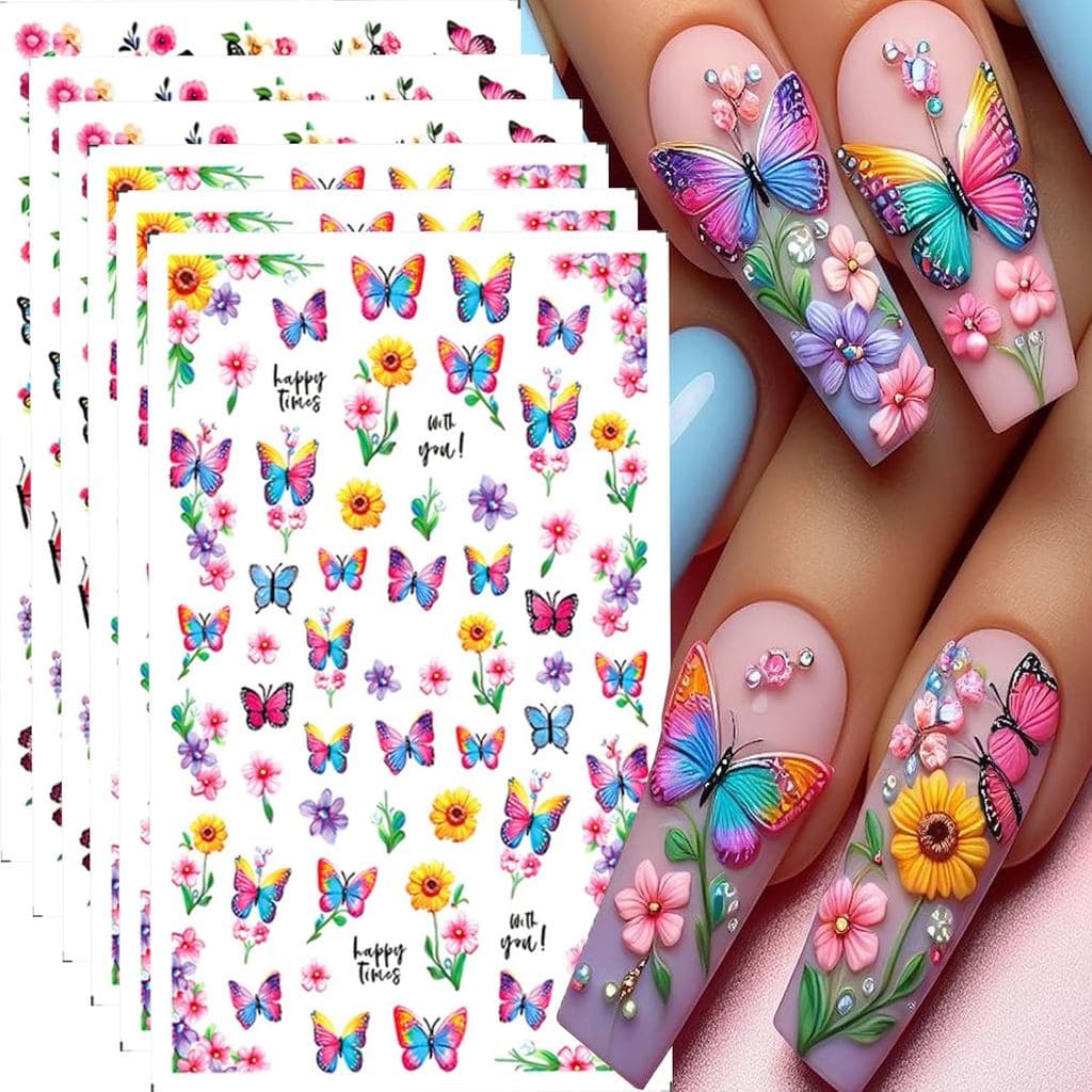 Adesivos de Unhas com Borboletas, 6 Folhas, Decalques de Unhas para Primavera e Verão, Adesivos de Unhas 3D Autoadesivos
