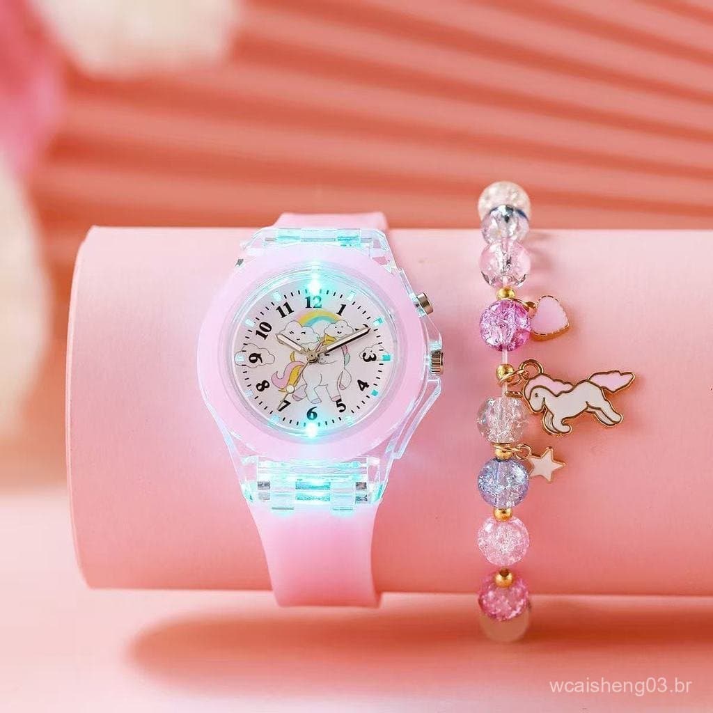 Relógio Infantil Luminoso Unicórnio Desenho, Conjunto de Relógio de Quartzo e Pulseira, Presente para Crianças, Sem