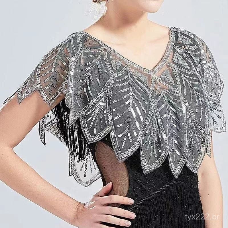 6 Cores Beading Verão Elegante Xale Envoltório Bolero De Renda Preta Mulheres Curto Cape Lantejoulas Espumante Jaqueta O