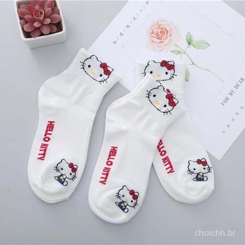 Hello Kitty Senhoras Primavera Verão Lazer Esportes Meias de Estudante Fofas BJ5S