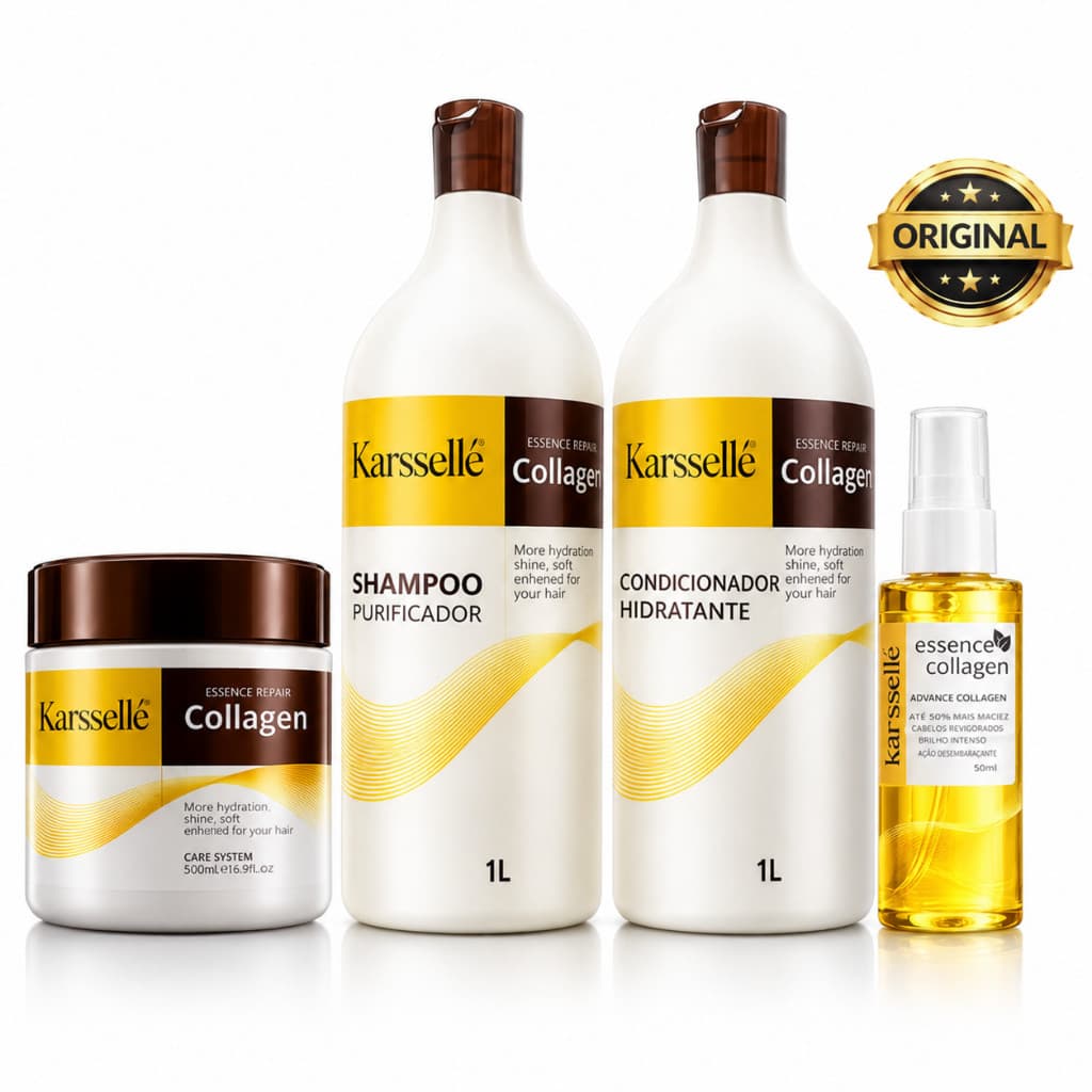 Kit 4 em 1 Completo Karssellé – Shampoo 1L + Condicionador 1L + Máscara 500ml + Óleo 60ml