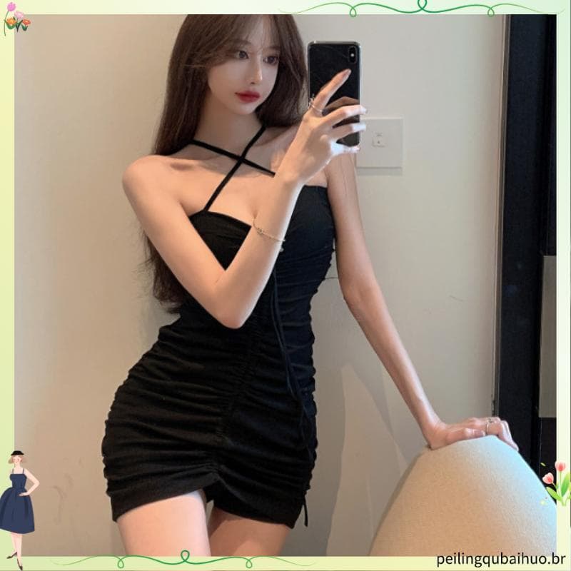 Salgado doce Halterneck estilingue pequena saia preta feminina verão curto apertado Hip vestido novas roupas femininas