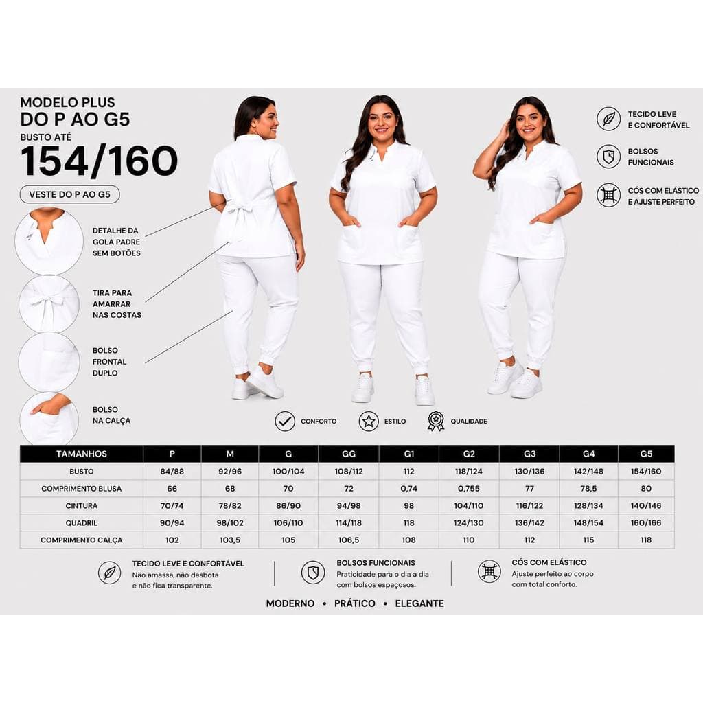 Scrub Feminino Gola Padre Branco Plus Size Pijama Cirúrgico P ao G5