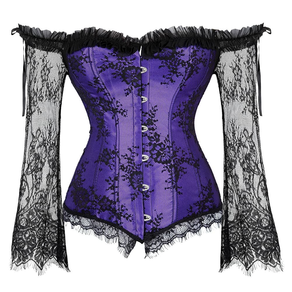 Corset feminino estilo renascentista com mangas longas de renda e ombros à mostra, oferecendo um top de corset gótico.