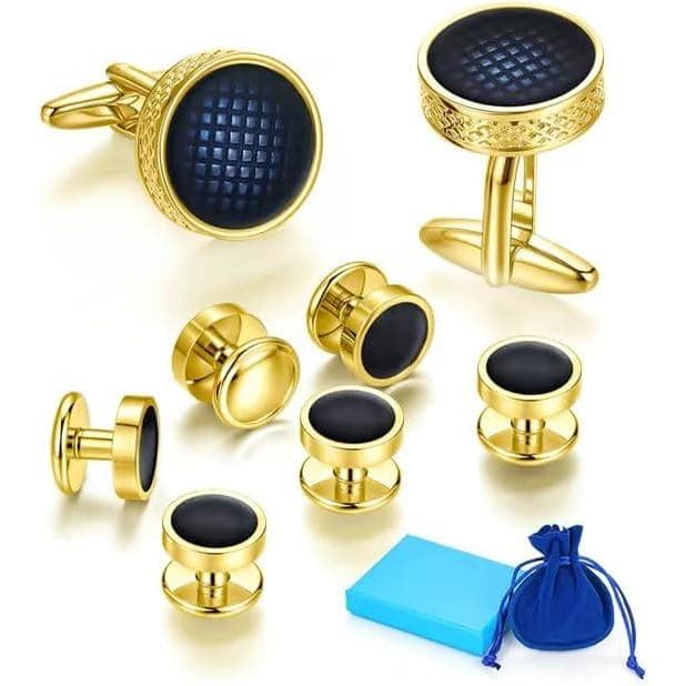 Abotoaduras Masculinas Azuis, Conjunto de Abotoaduras Masculinas e Botões de Smoking, Abotoaduras para Homens em Caixa d