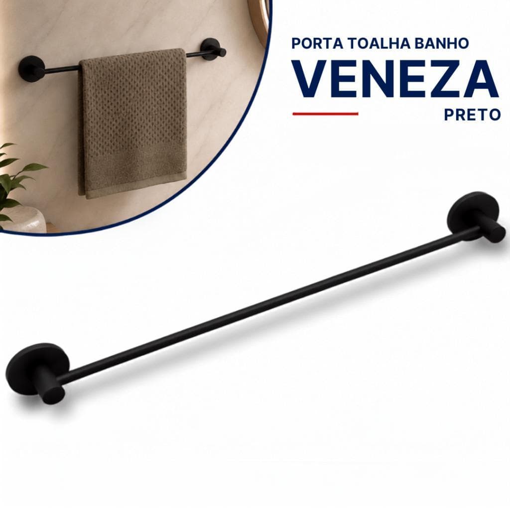 Porta Toalha de Banho Preto Fosco Alumínio e Inox FIxação Dupla Pintura Automotiva