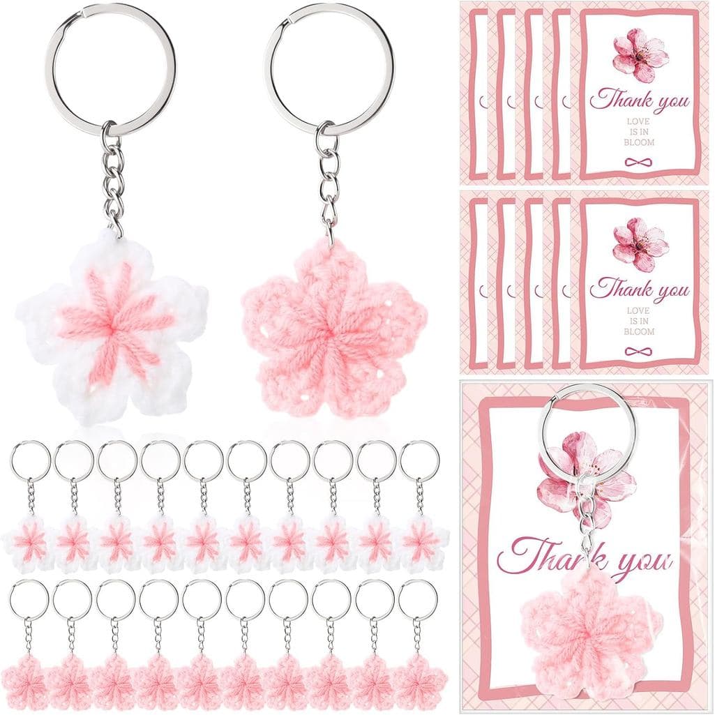 XunYee Cherry Sakura Keychains with Thank You Cards Bulk for Party Favors Birthday Small Business Gifts Decorations for