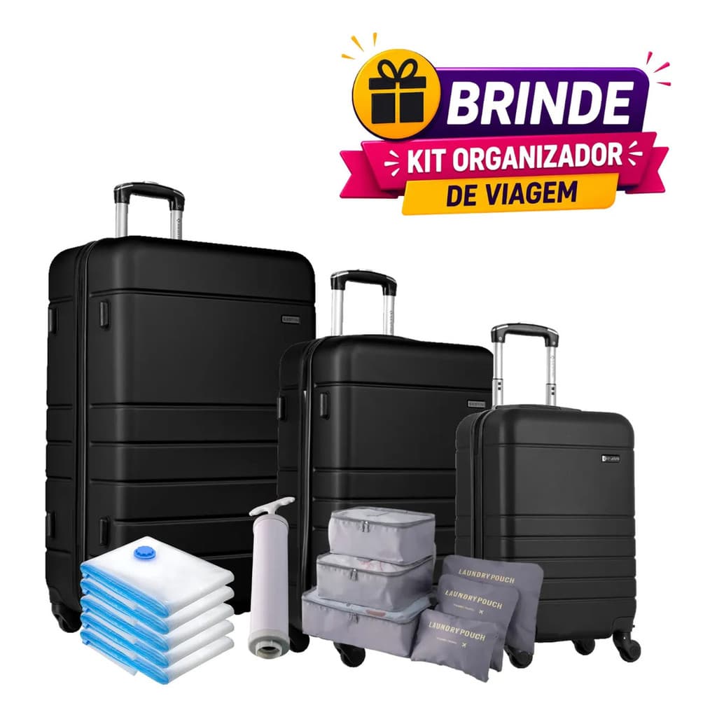 Kit 3 Malas Bordo 10kg + Média 23kg + Grande 32kg Viagem