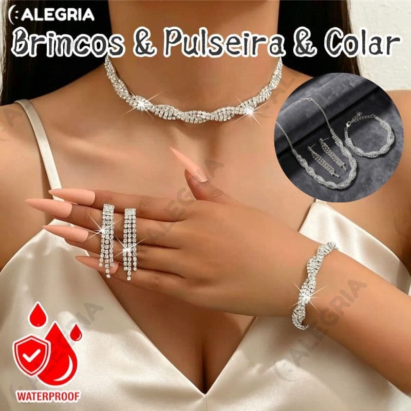 KIT4 Conjunto Elegante De Joias De Casamento 3 Em 1 Para Noiva , Colar , Brincos , Pulseira-AE