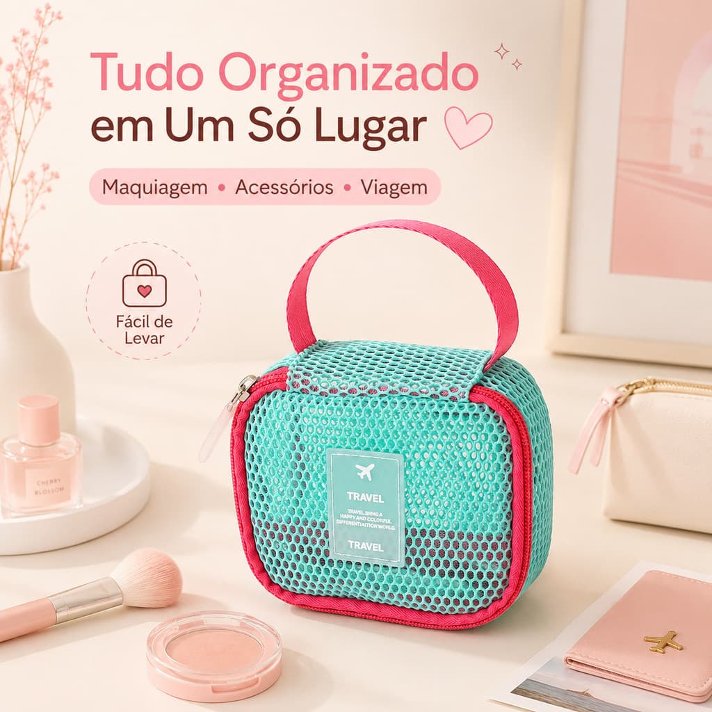Necessaire Kawaii Feminina de Tela com Alça Organizador de Maquiagem e Acessórios para Viagem