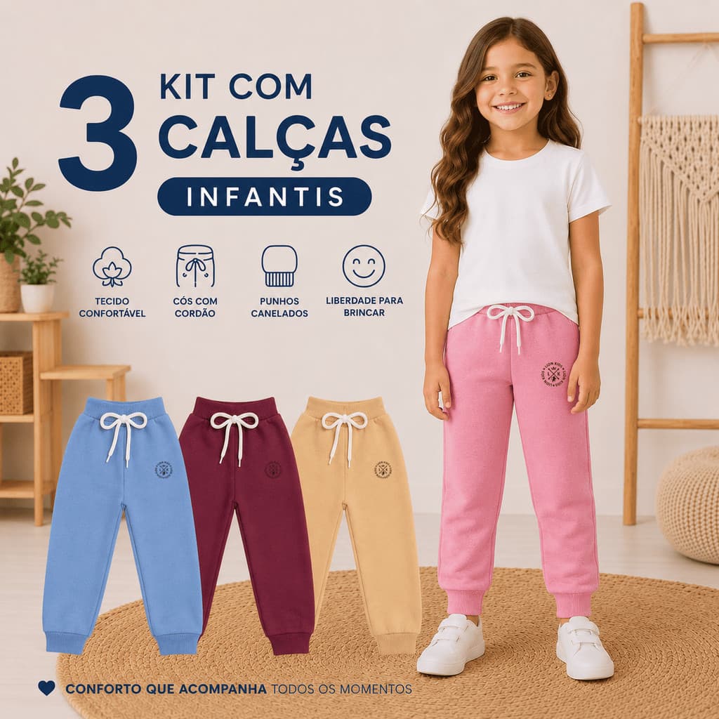 Kit 3 Calças Menina Moletinho Infantil Inverno