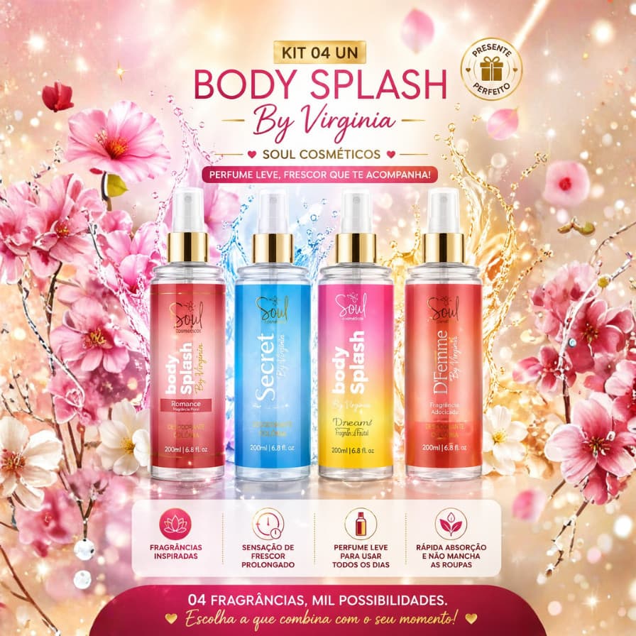 Kit 04 UN de Desodorantes Colônia Body Splash By Virginia Soul Cosméticos (Paradoxy+Red+Secret+Destinee)