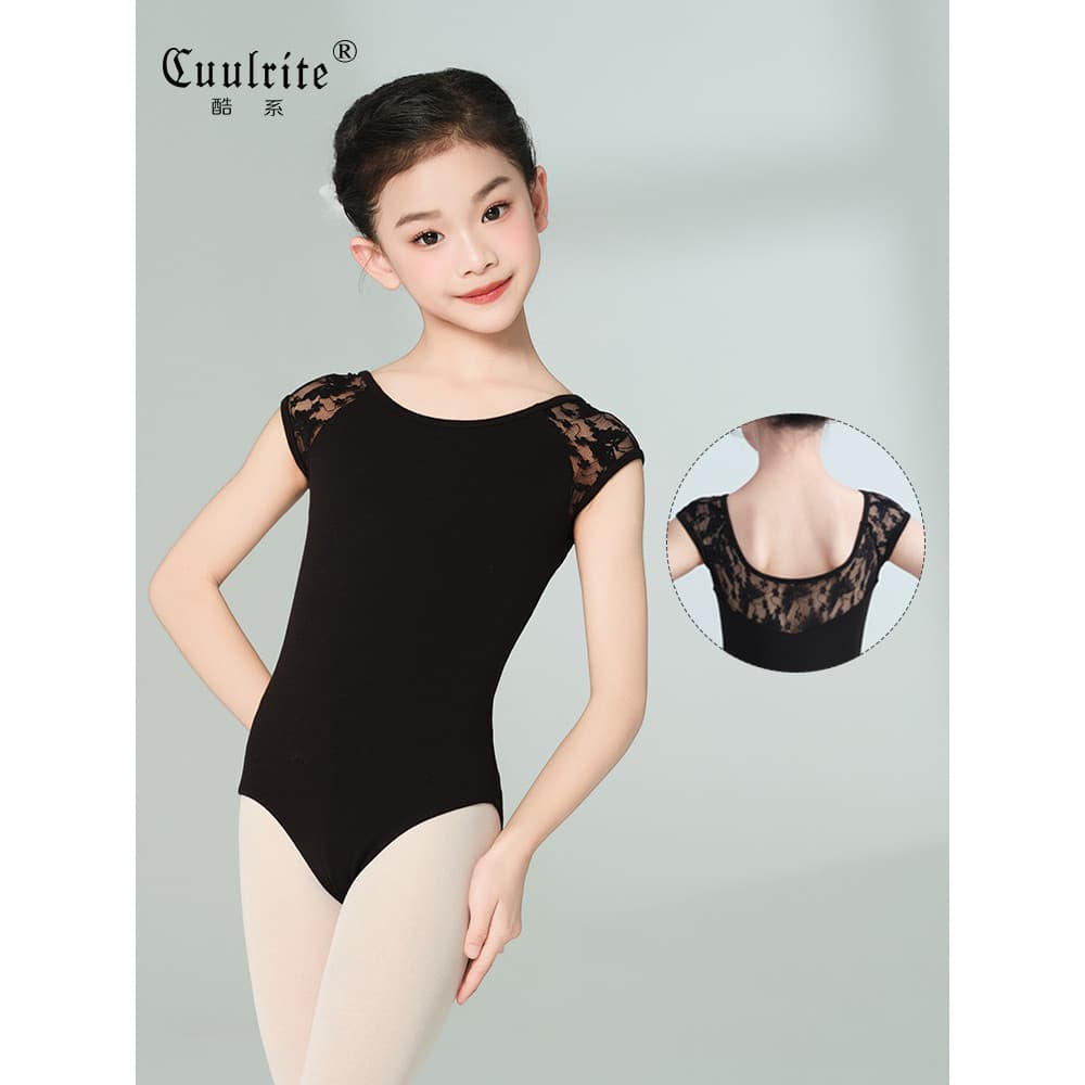 Traje de dança crianças mulheres verão de manga curta prática traje preto rendas traje de dança chinesa Ballet traje col